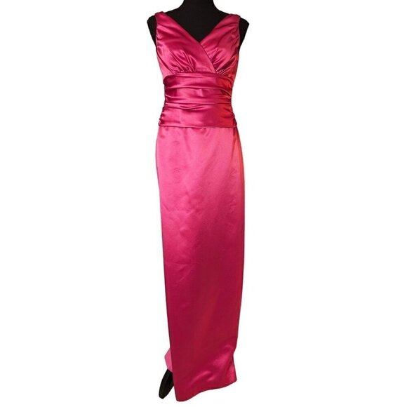 David's Bridal Deep Hot Pink Sleeveless Satin V-Neck Dress with Slim Skirt Size - Picture 1 of 6